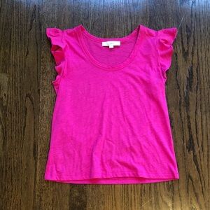 3/$10 LOFT Barbiecore Barbie Hot Pink Scoop Neck Ruffle Sleeve Stretch Tee